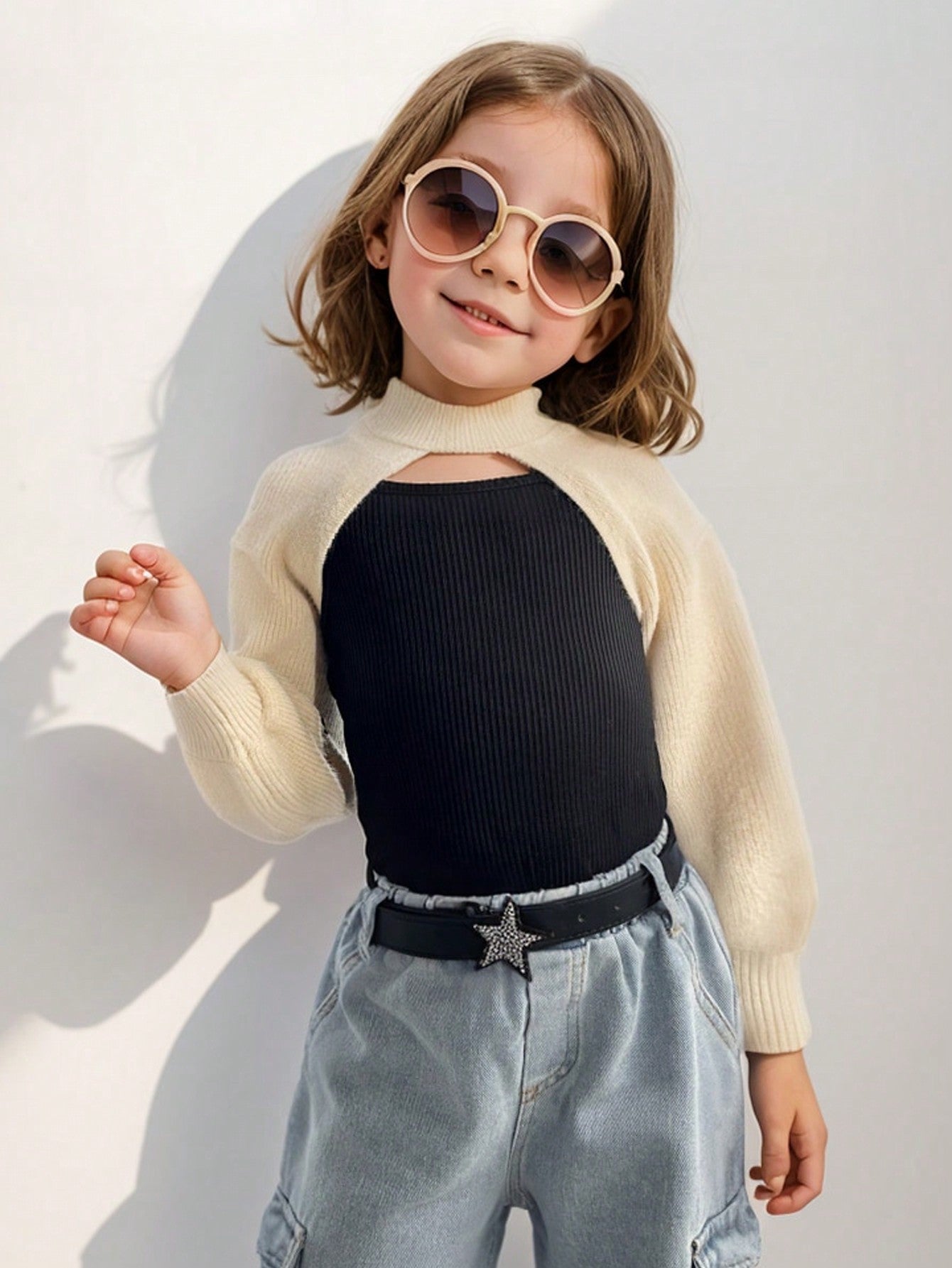 Young Girl Cute & Casual Knit Out Ultra Short Drop Shoulder Sweater With Stand Collar,Cool Girl's Summer Must-Have, Versatile,Street Fashion Girl,Y2k Girl.