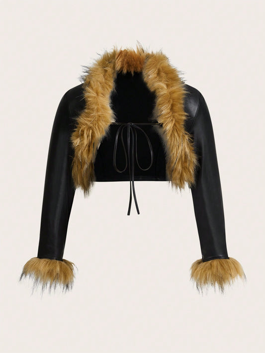 Plus Size Faux Fur PU Leather Jacket With Long Sleeves, Street Fashion Look