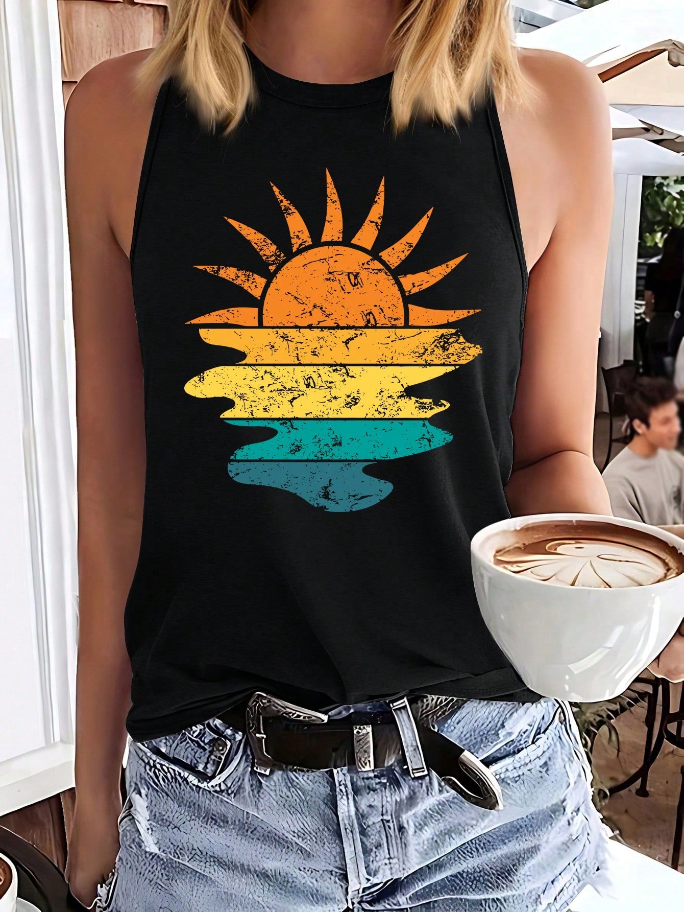 Simple Sun And Sunrise Print Casual Tank Top With Round Neckline