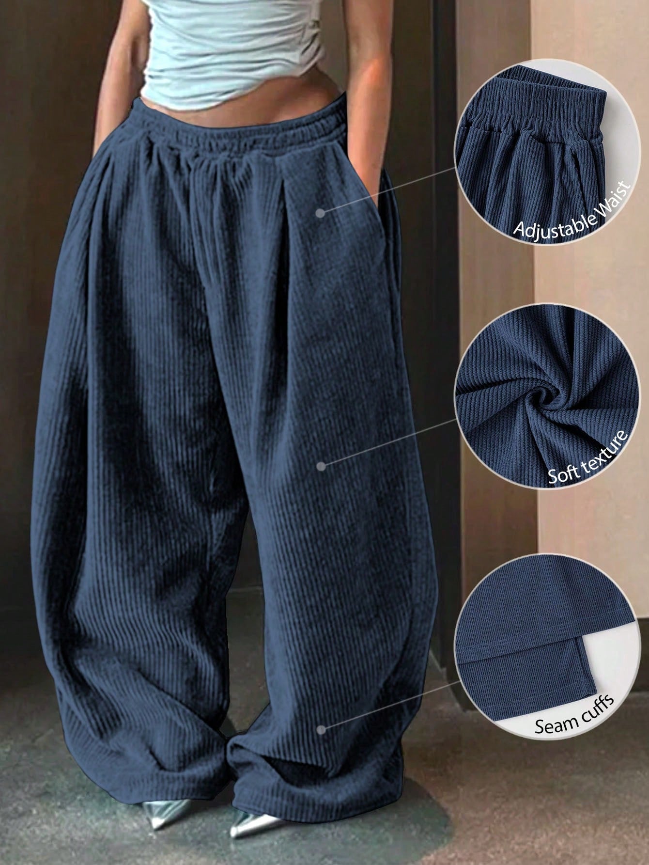 Women's Casual Solid Color Wide Leg Baggy Pants, Loose Pants