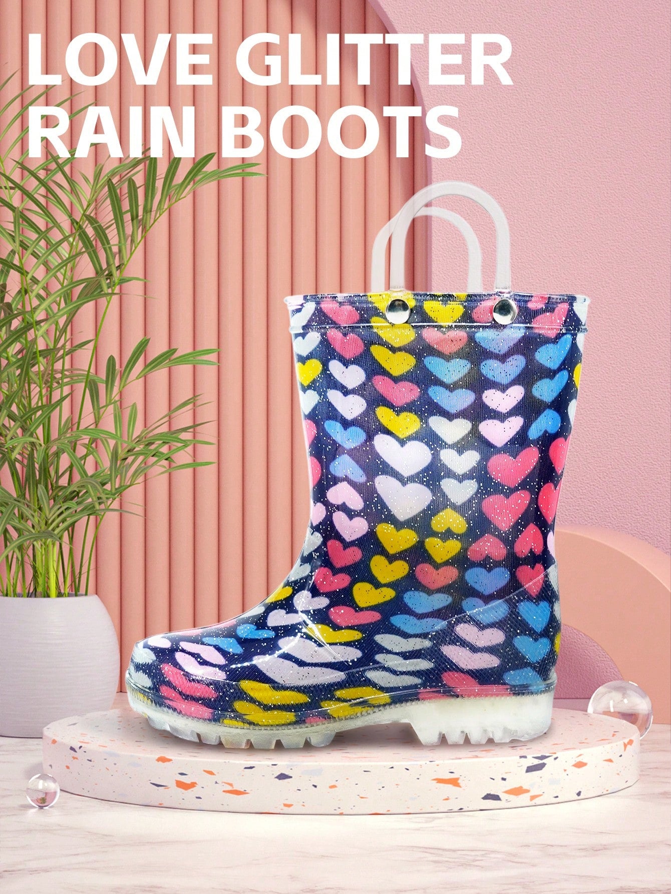 Kids' Heart Pattern Outdoor Waterproof PVC Rain Boots, With Handles For Easy Putting On And Taking Off,Non-Slip, Wear-Resistant, Comfortable, Soft, Lightweight And Suitable For All Seasons.