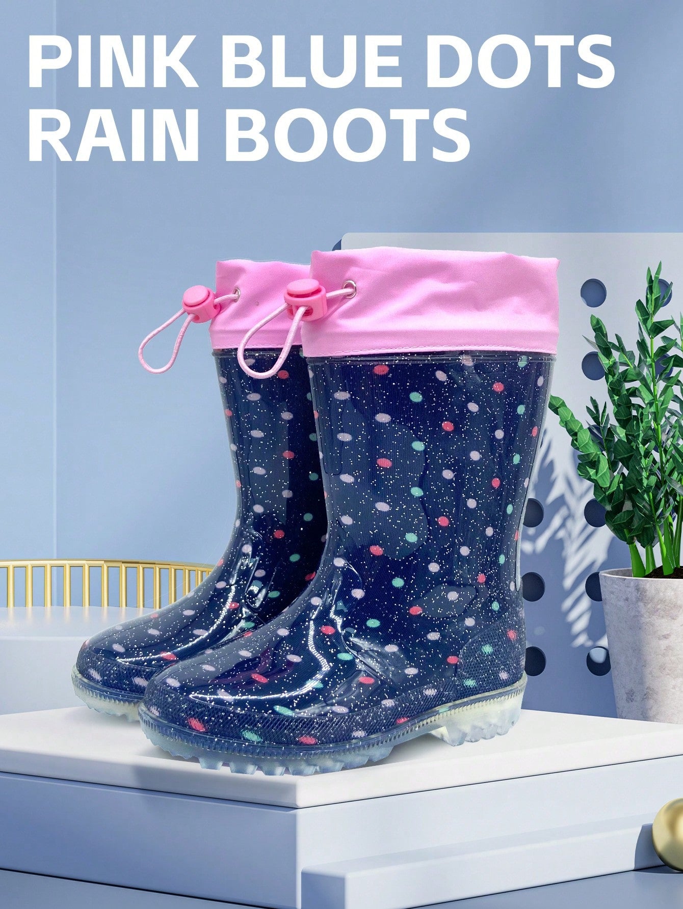 Girls' Polka Dot Pattern Outdoor Waterproof Non-Slip Shiny PVC Rain Boots With Drawstring Closure , Wear-Resistant, Comfortable, Soft, Lightweight And Suitable For All Seasons.