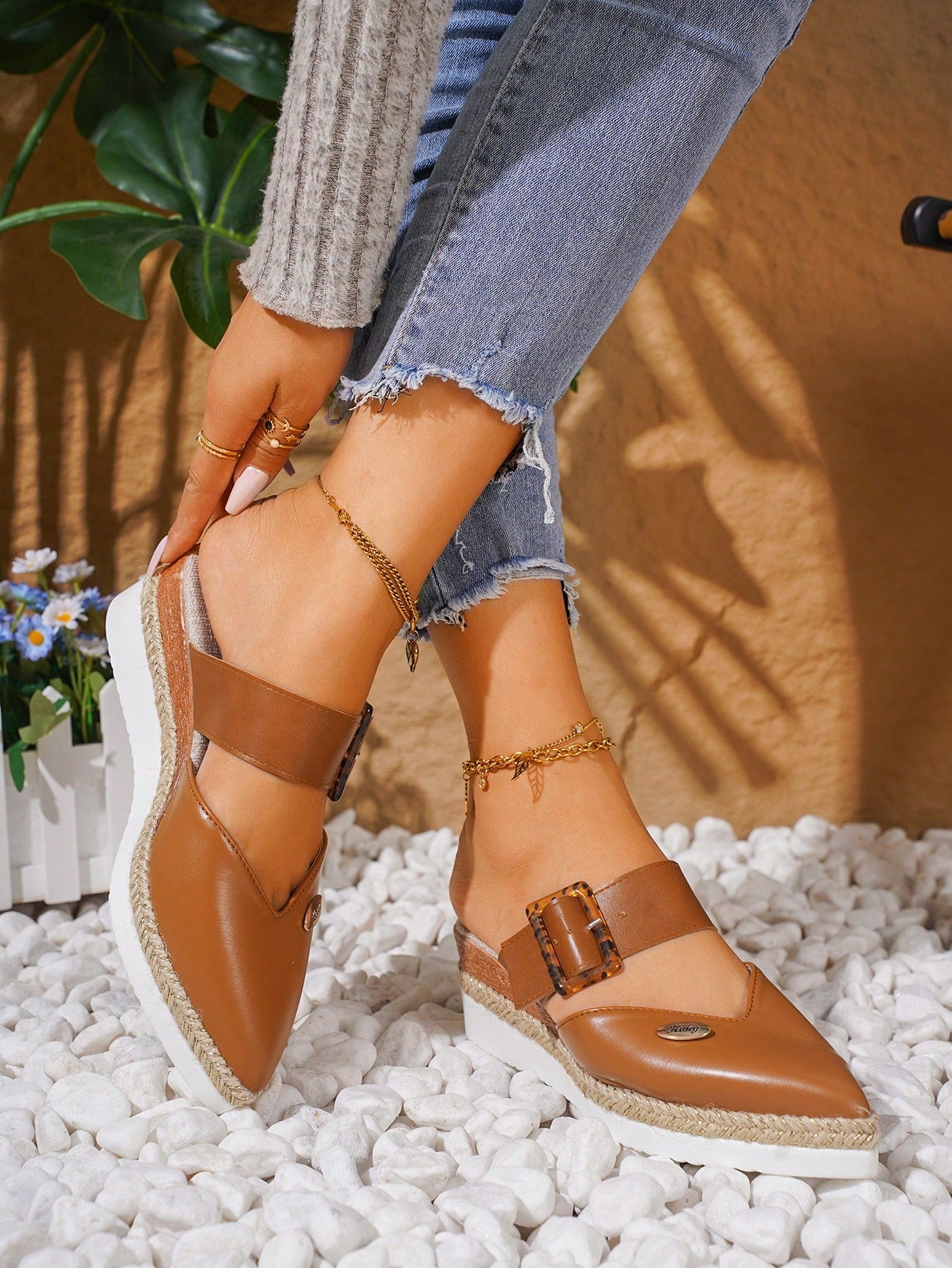 Women's Wedge & Platform Shoes, Orange High Heels With Stone Patterned Leather Surface, Woven Espadrilles And Thick Sole With One Buckle Strap, Pointed Toe Shallow Mouth Shoes, Plus Size; Beige High Heels With Stone Patterned Leather Surface, Woven Espadr