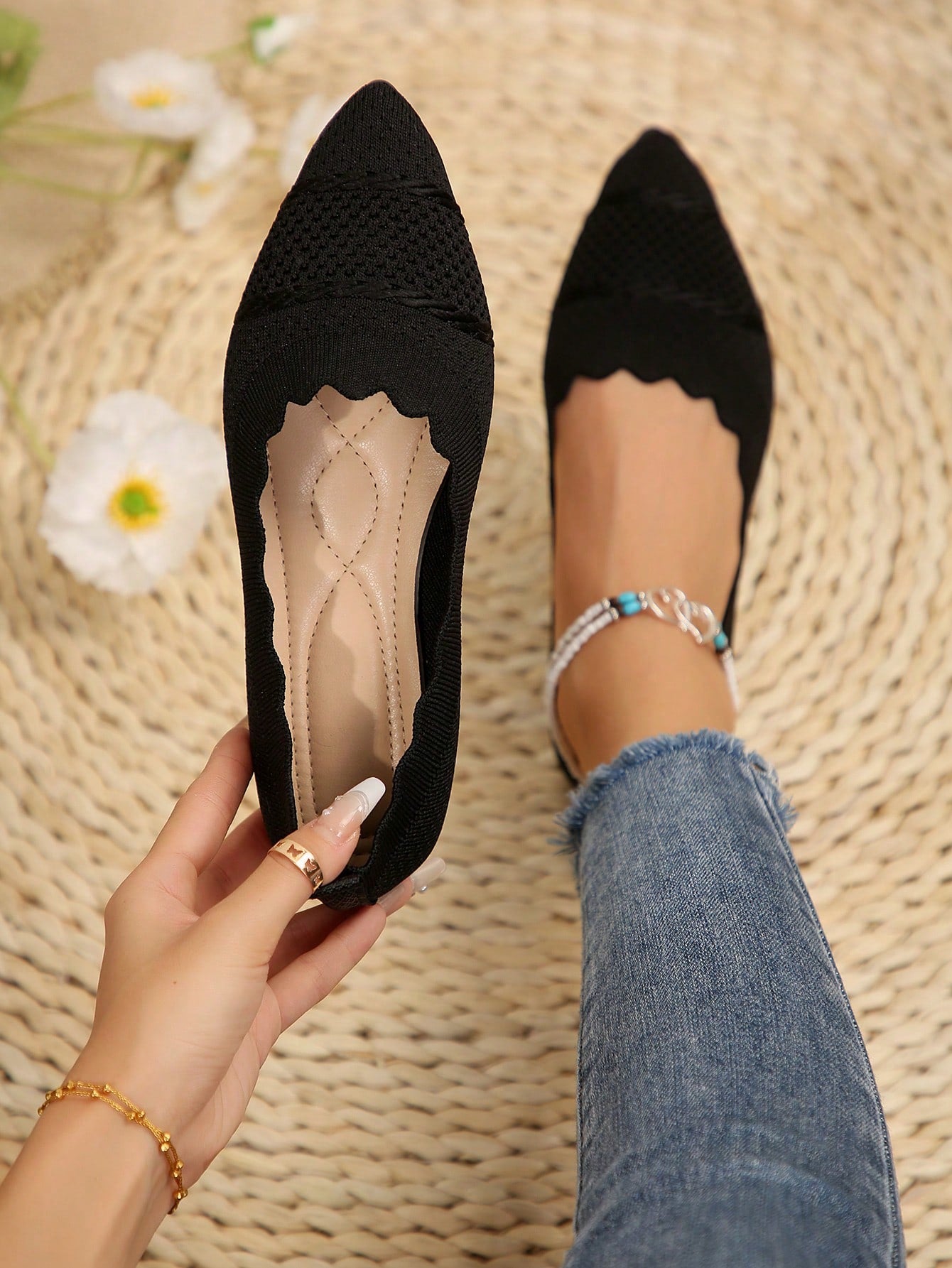 Women's Solid Color Flats, Breathable Soft Woven Sneakers, Lightweight And Comfortable Shoes