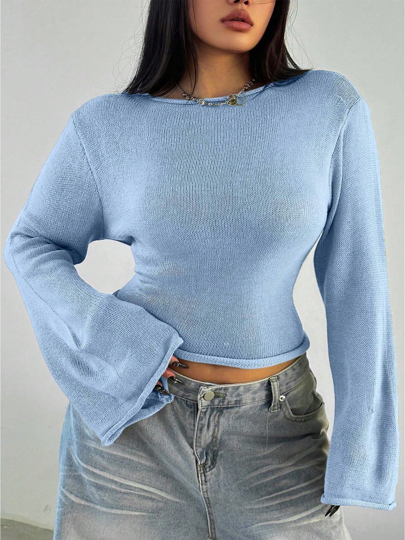 Casual Sexy Solid Color Plus Size Sweater With Flare Sleeves