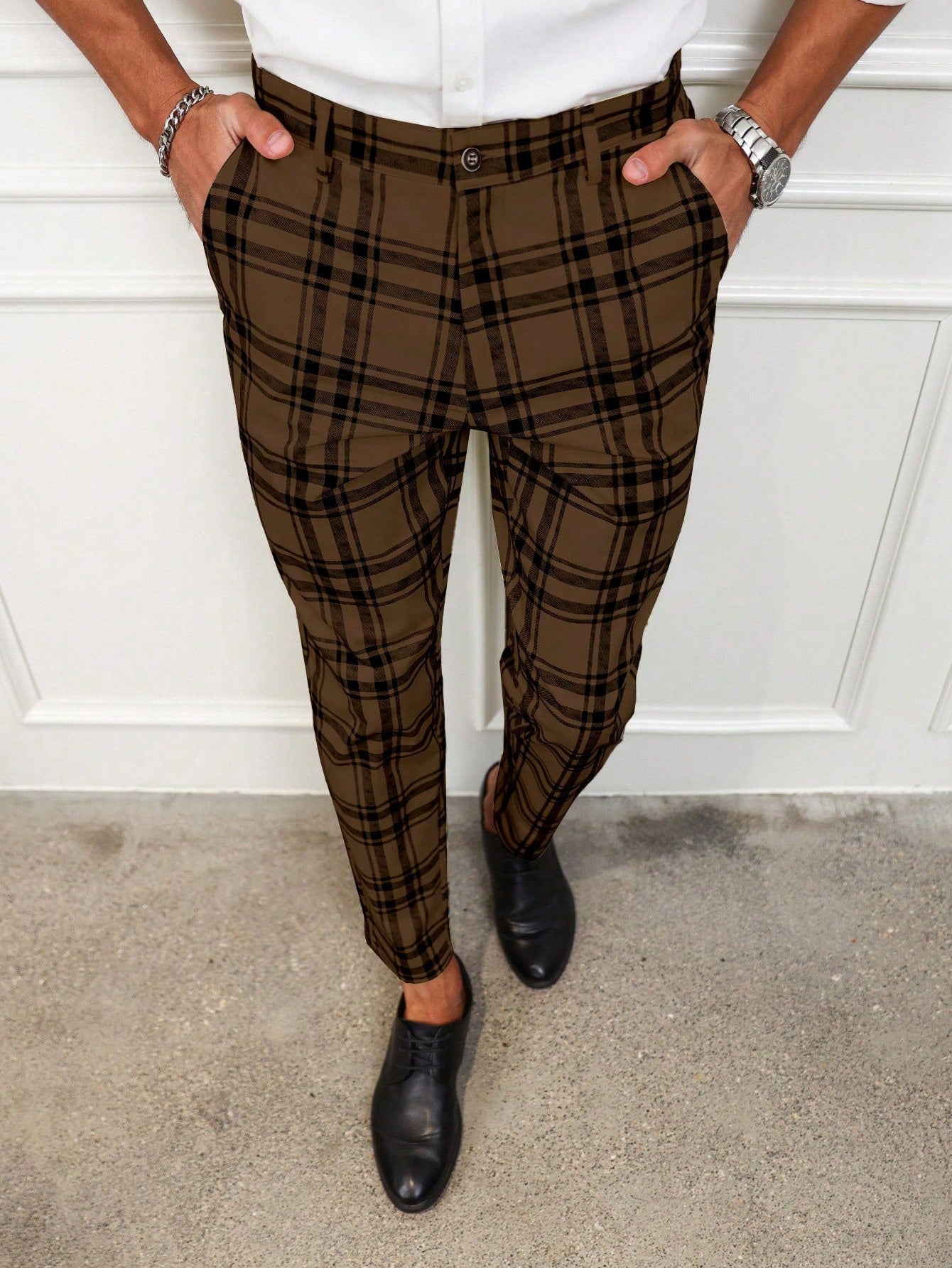 Men Plaid Print Slant Pocket Suit Pants