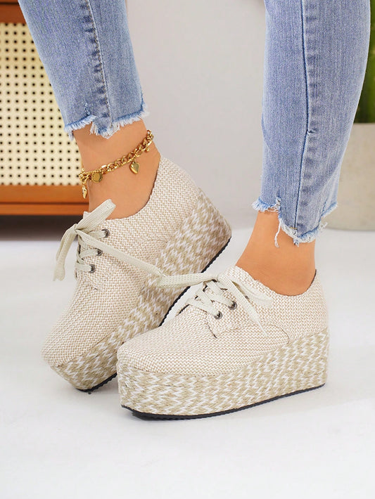 Women's Platform Wedge Sandals Woven Dual-Color Rope Sole Thick-Bottom Casual Slip-On Espadrilles Platform Shoes For Fashion, Vacation, Everyday Wear