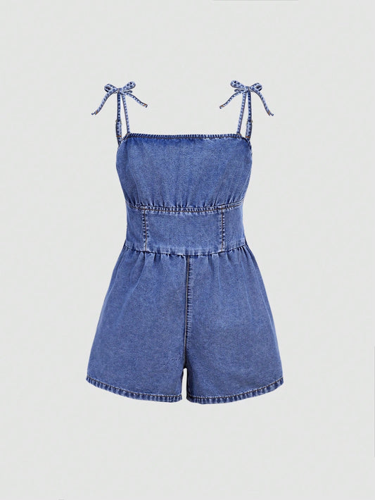 Tween Girl Plain Knotted Strap Sleeveless Denim Jumpsuit