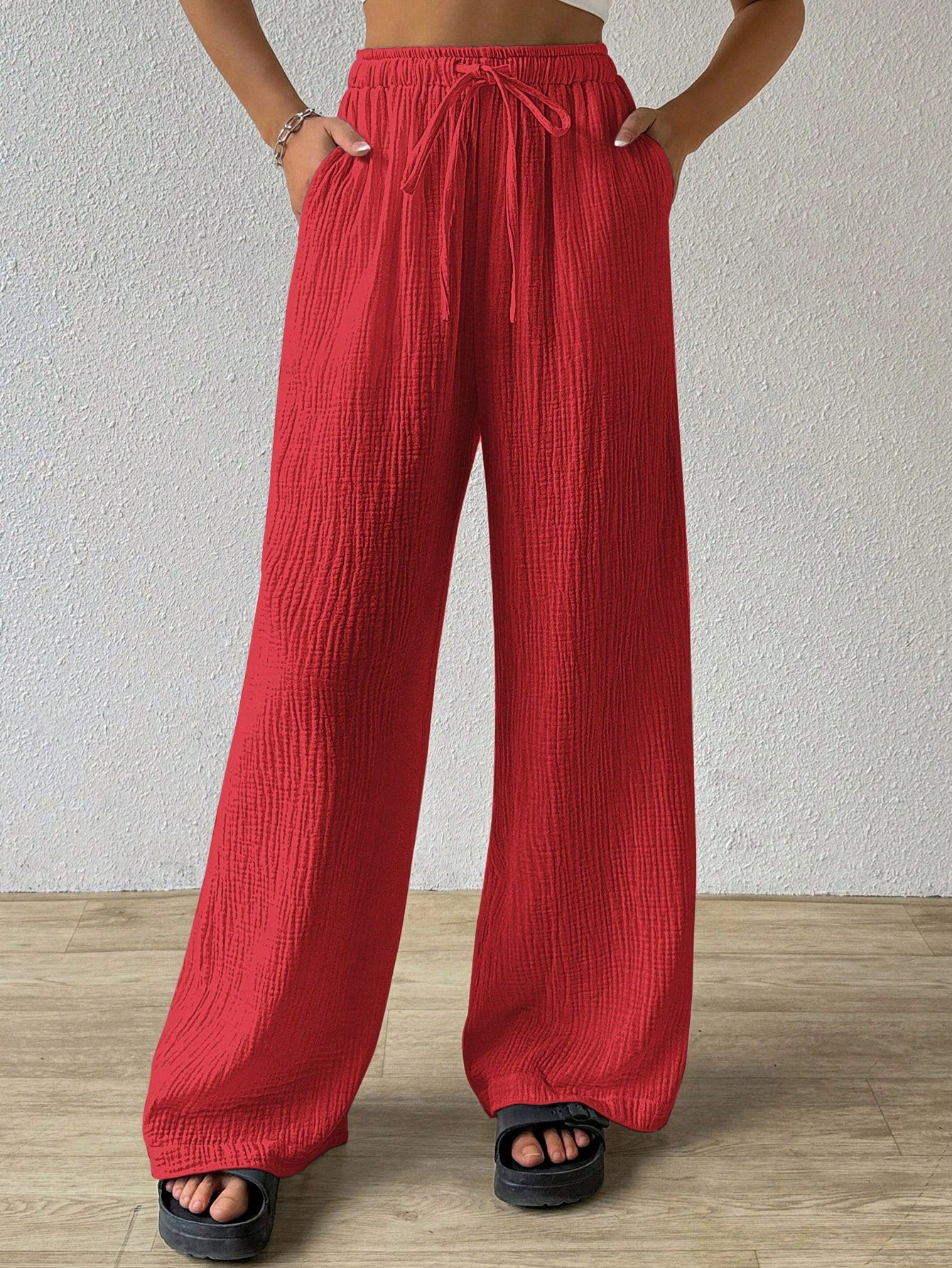 Cotton  Loose Texture Wrinkle Fabric Drawstring Waist Long Pants