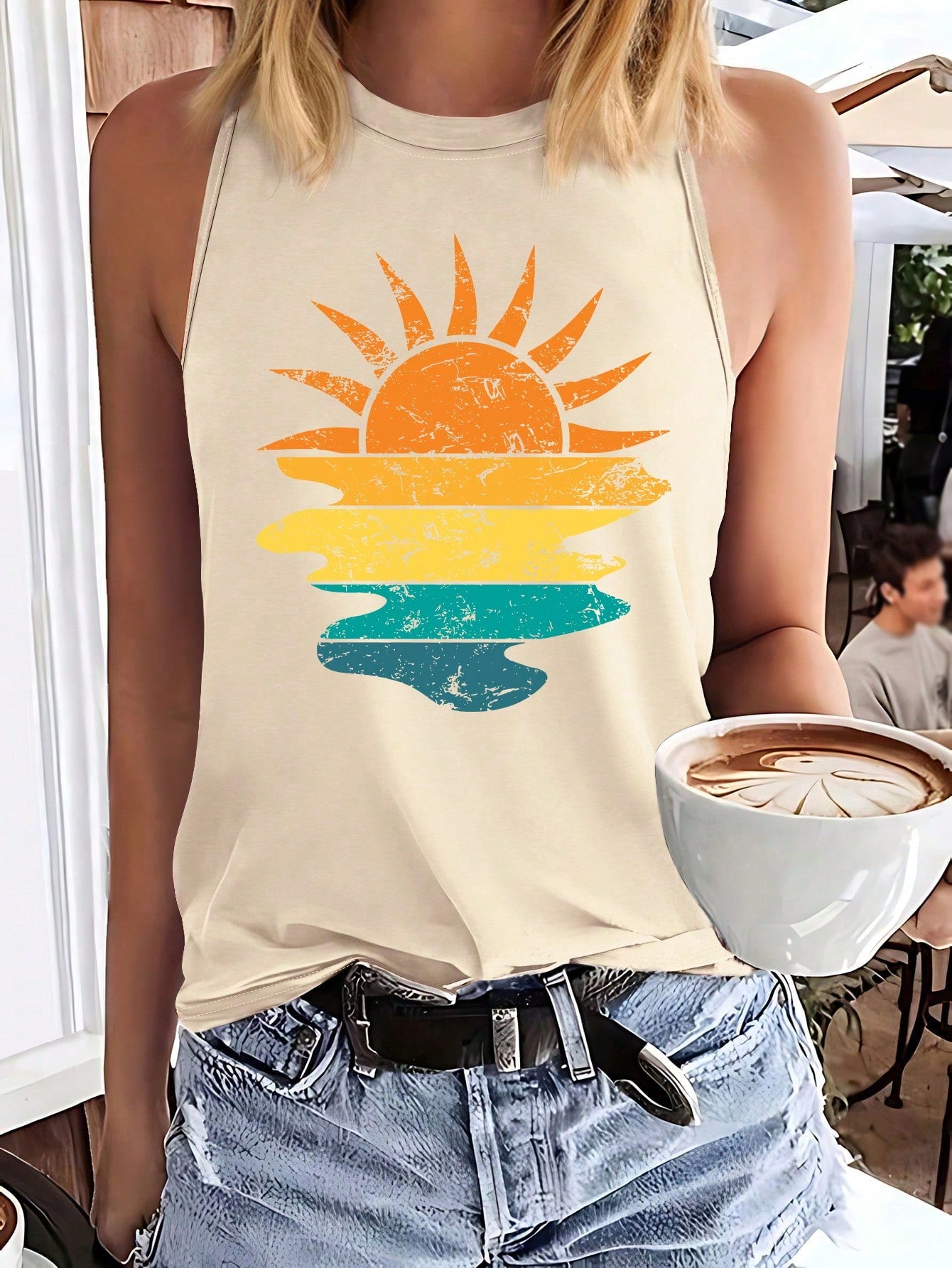 Simple Sun And Sunrise Print Casual Tank Top With Round Neckline