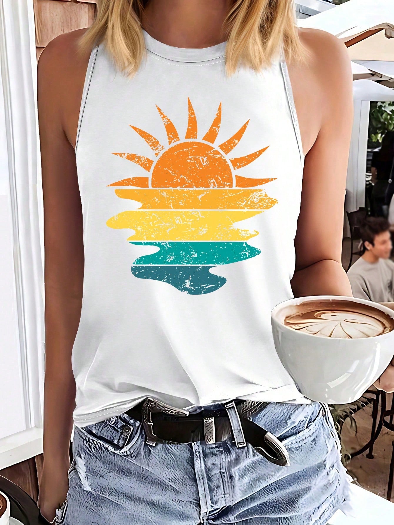 Simple Sun And Sunrise Print Casual Tank Top With Round Neckline