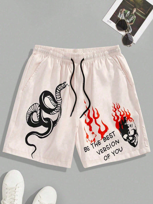 Spring/Summer Casual & Fashionable Slogan Snake Print Drawstring Shorts For Tween Boys