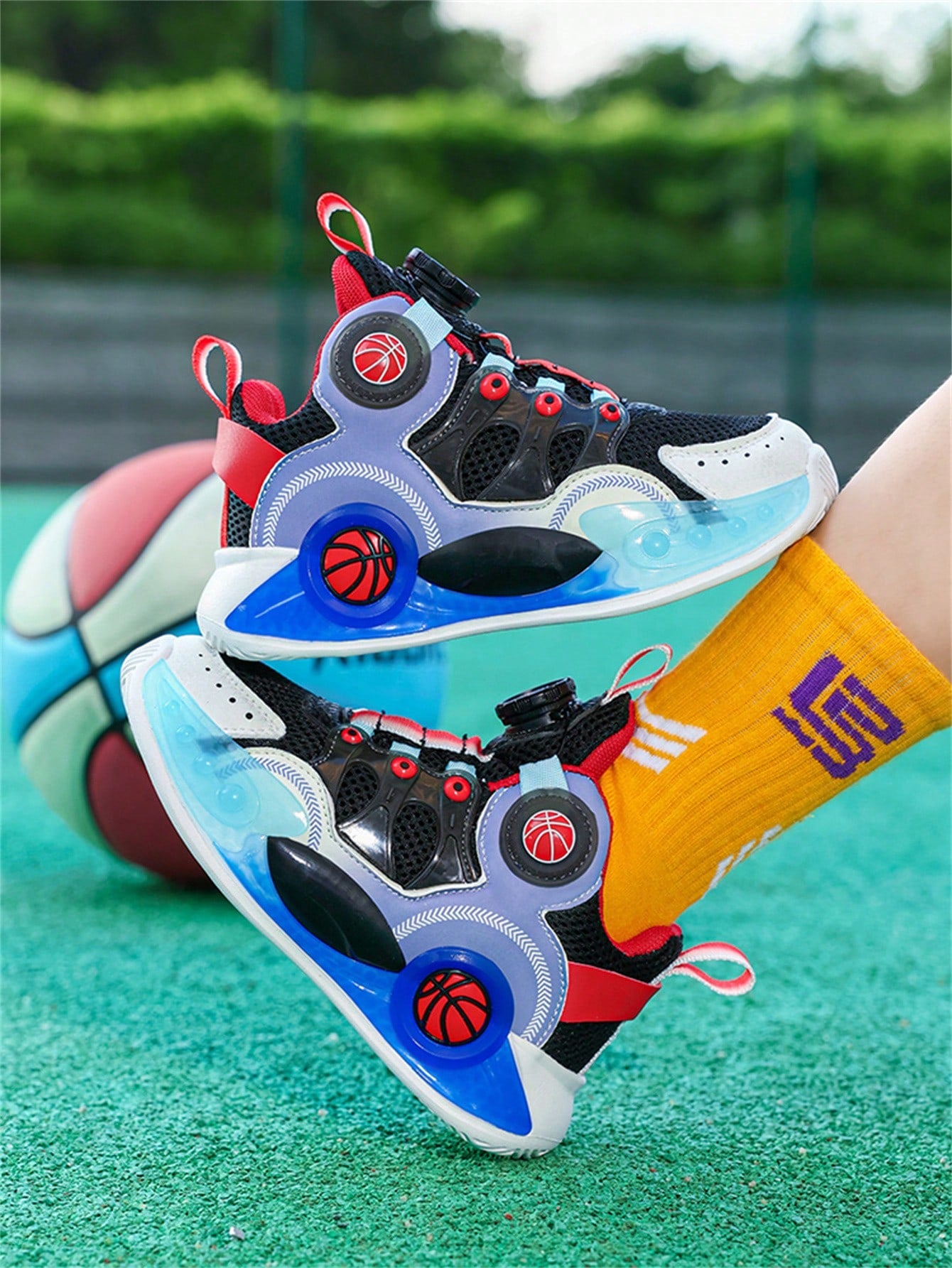 1pair Kids All-Season Breathable Basketball Shoes With Rotary Buckle Closure For Boys