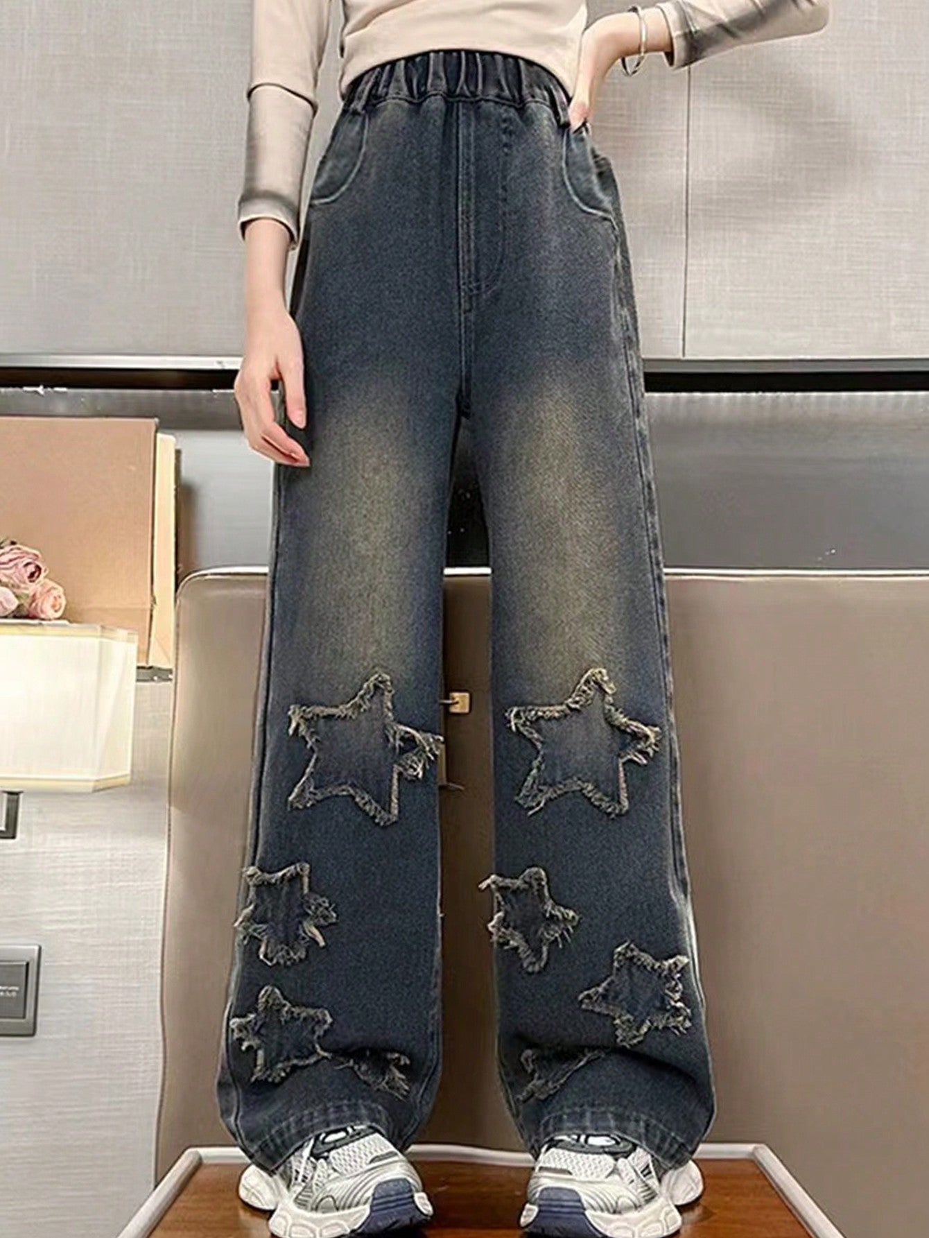 Tween Girl Blue Denim Jeans With Five-Pointed Star, Frayed Hem And Wide-Leg Casual Pants