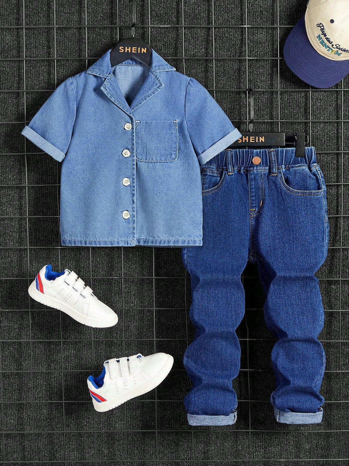 Young Boy Casual School Daily Classic Collared Short Sleeve Denim Shirt & Dark Wash Slim Fit Jeans Sets