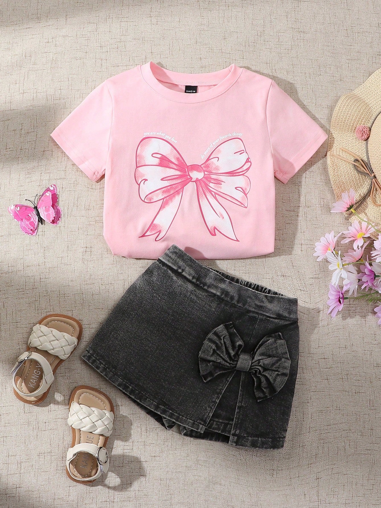 Young Girl Lovely Sweet Style Pink T-Shirt With Bowknot & Black Loose Comfortable Soft Top, Plus 2 In 1 Denim Skirt With Pink Bowknot, Heavy Washed, 2pcs/Set