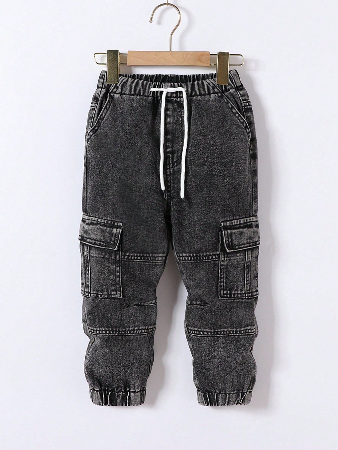 Young Boy Vintage Casual Street Style Loose Comfortable Elastic Waist Drawstring Cuff Denim Cargo Pants