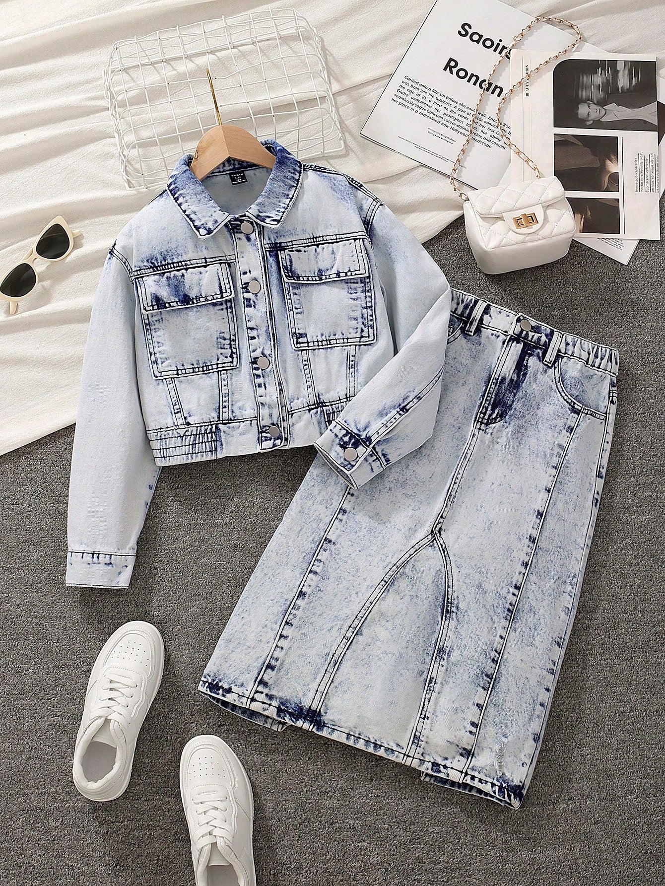 Streecool Kids TWEEN GIRL URBAN STREET PREPPY CASUAL STYLE STONE WASH ELASTIC HEM CROP JACKET & MID SKIRT WITH FLAT POCKETS DENIM TWO PIECE SET