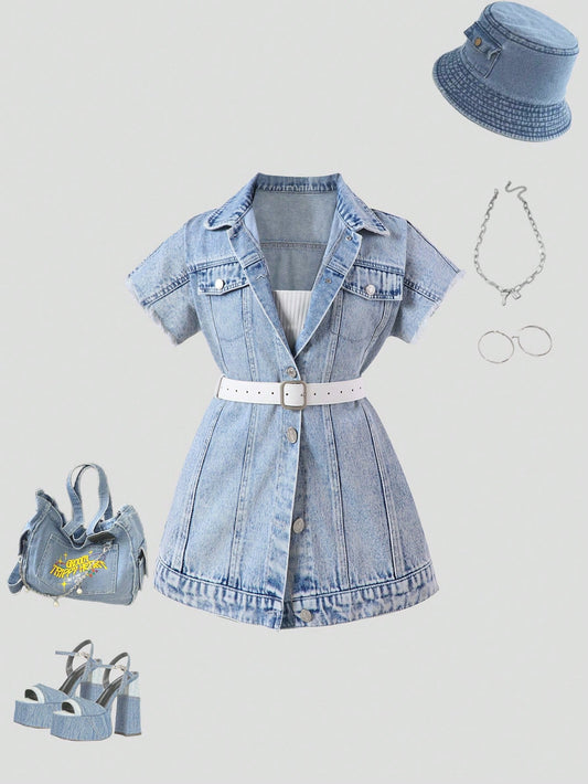 Streecool Kids Tween Girl Summer Utility Pocket Short Sleeve Casual Denim Shirt Dress