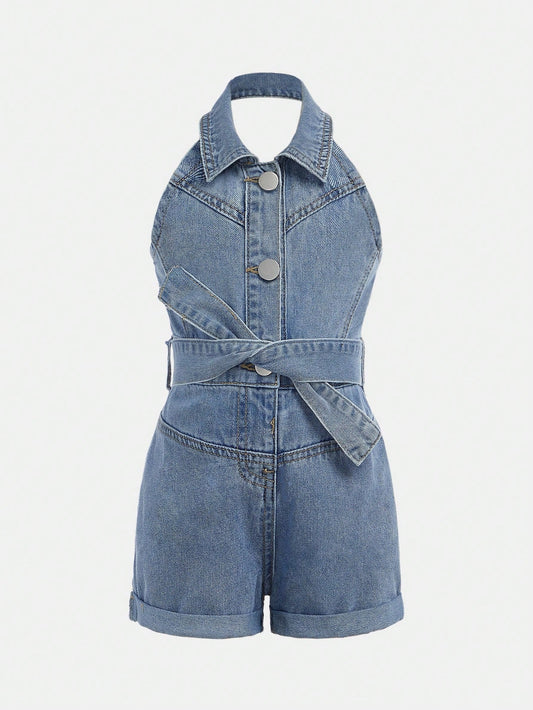 Streecool Kids Young Girl Summer Button Half Placket Waist Knot Casual Halter Neck Denim Jumpsuit