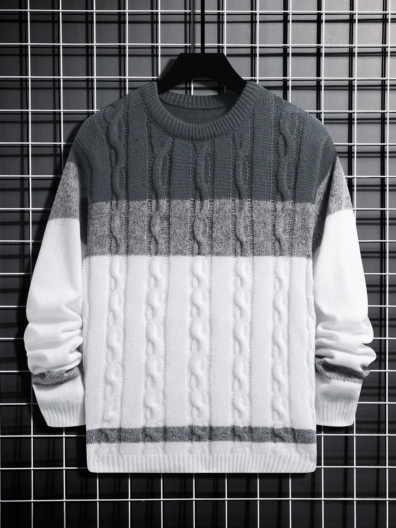 Men's Color Blocking Cable Knitted Sweater , Crew Neck Long Sleeve Knit Block Light Grey Going Out Business Casual Husband