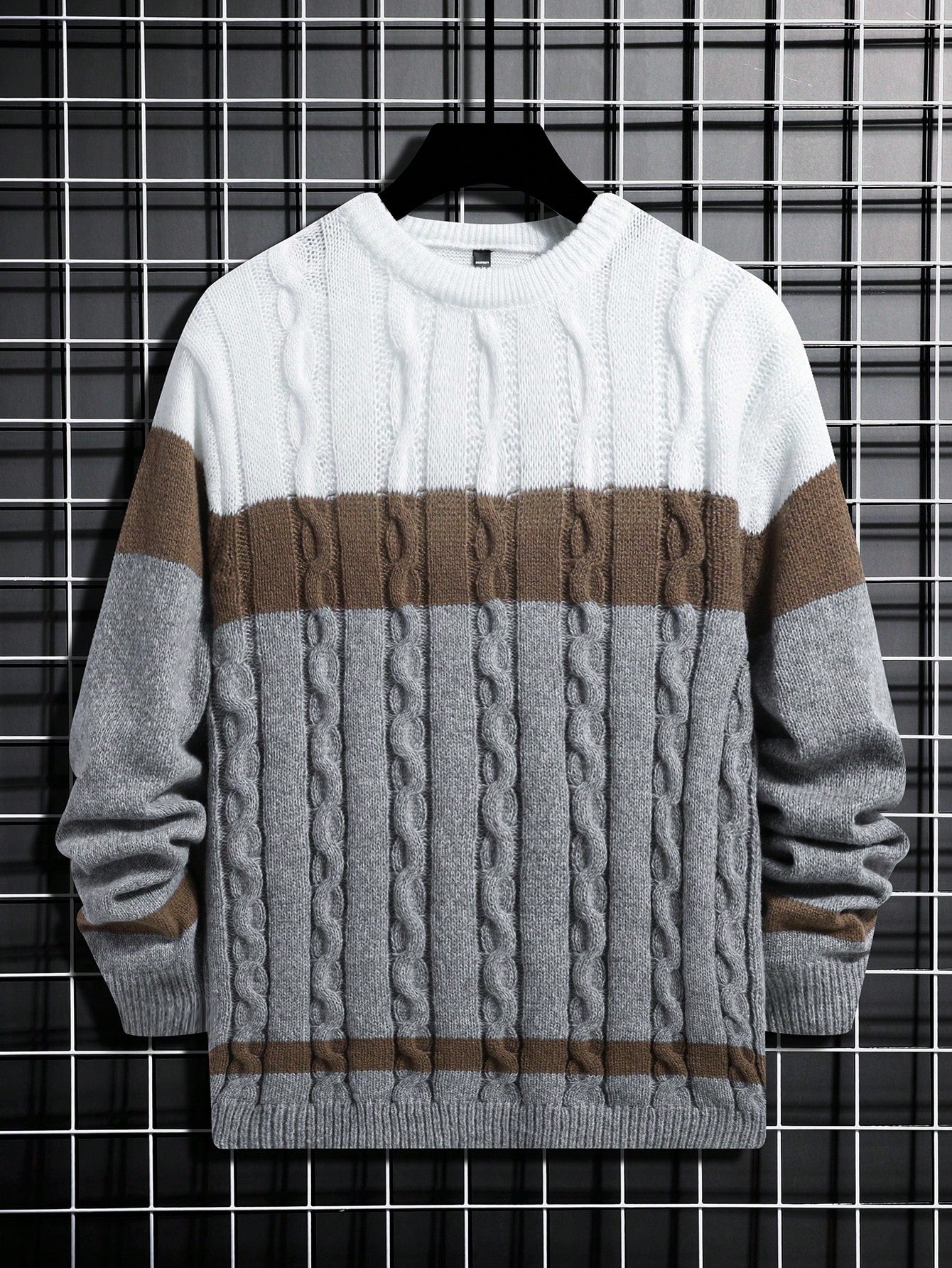 Men's Color Blocking Cable Knitted Sweater , Crew Neck Long Sleeve Knit Block Light Grey Going Out Business Casual Husband