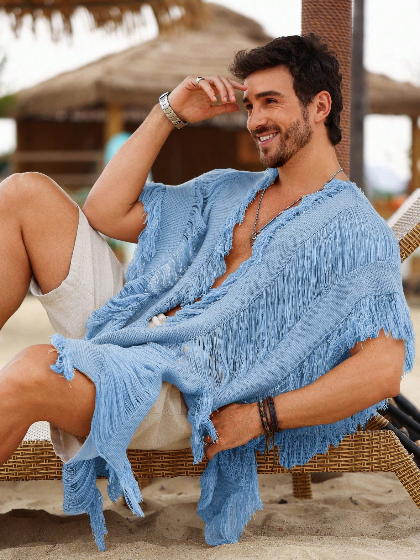 Men's Solid Color Fringe Cardigan Suitable For Vacation And Travel Accessories