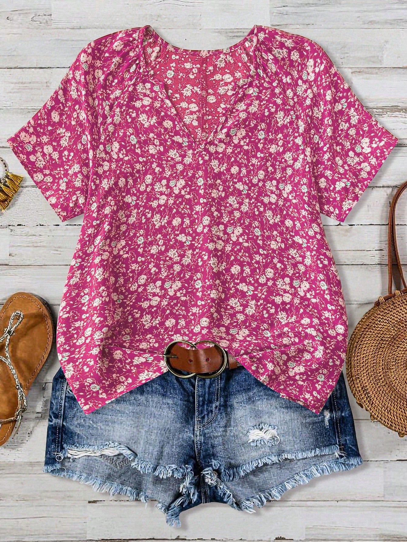 Women's Floral Printed V-Neck Short Sleeve Shirt, Summer