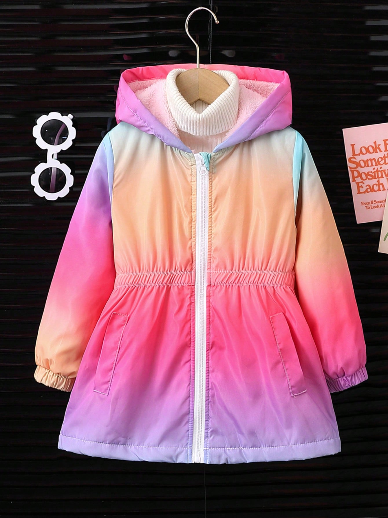 Young Girl's Casual All-Match Versatile Commuter Hooded Gradient Color Waisted Fleece-Lined Warm Thick Long Jacket, Suitable For Winter Daily Wear, School, Windproof, Insulated For Warmth