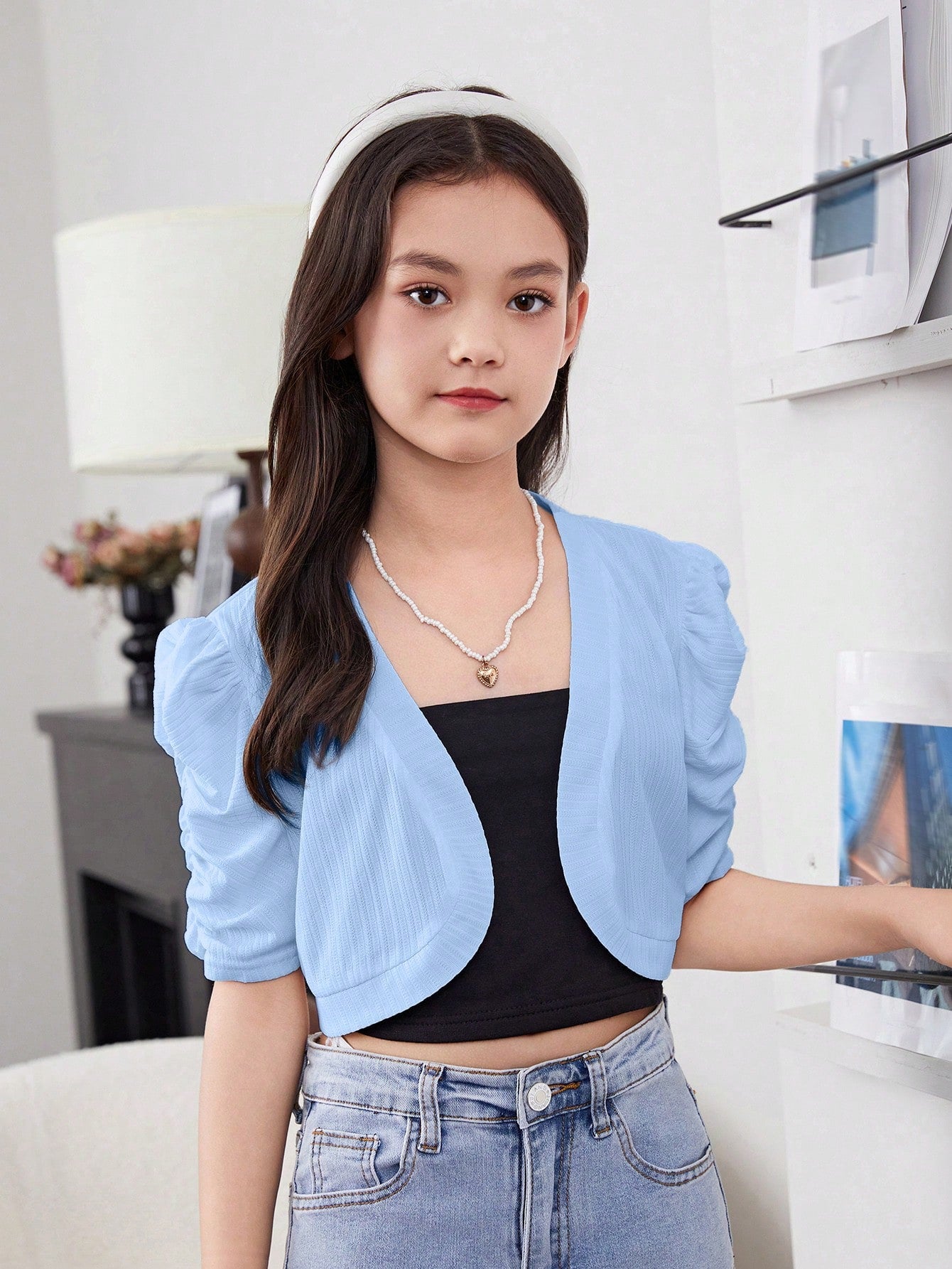 Tween Girls Casual Solid Color Chiffon Short Sleeve Cropped Cardigan Top, Spring & Summer