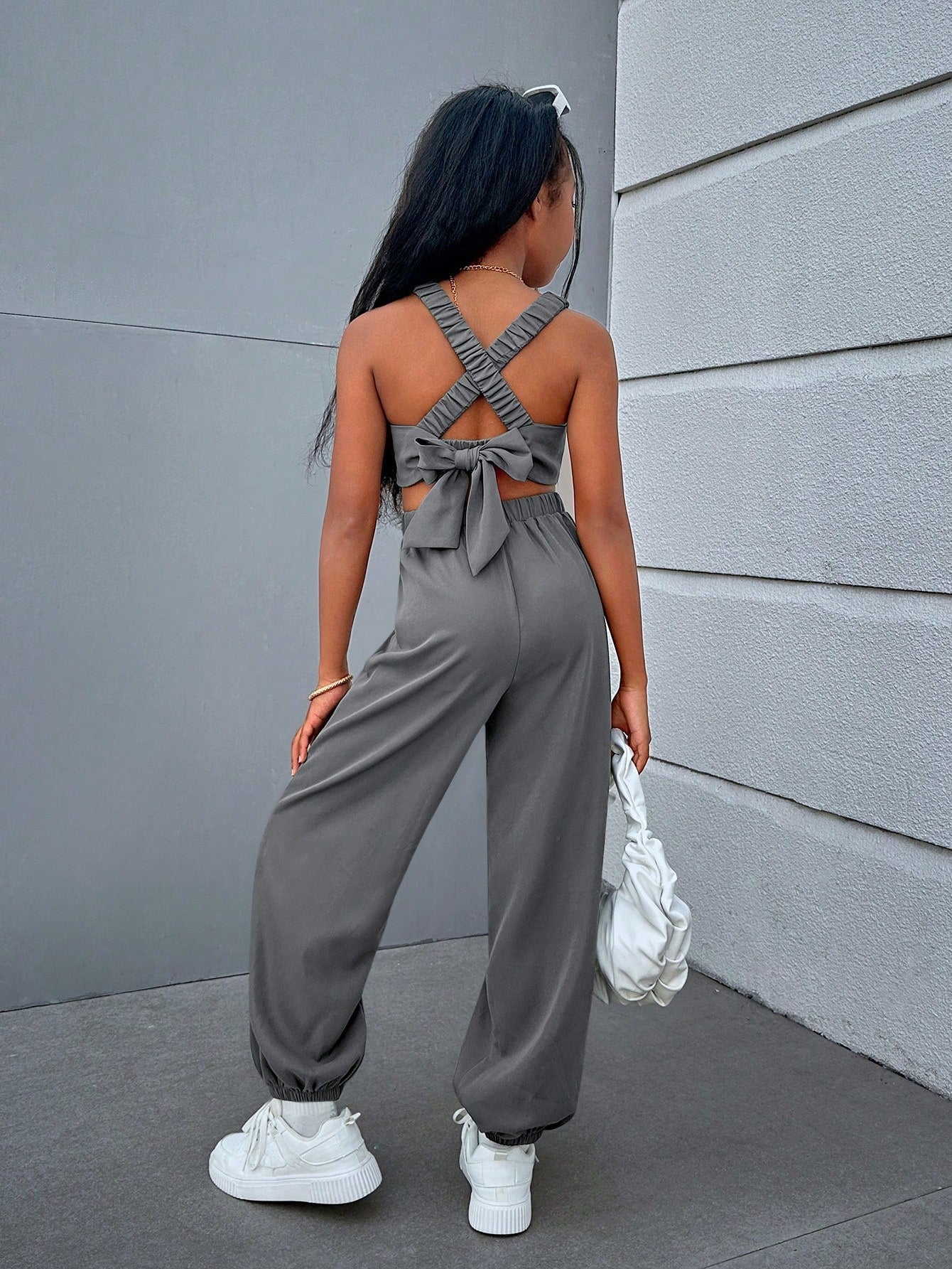 Tween Girl Cool & Trendy Street-Style Woven Solid Color Jumpsuit With Cross Back Straps And Open Back, Spring/Summer