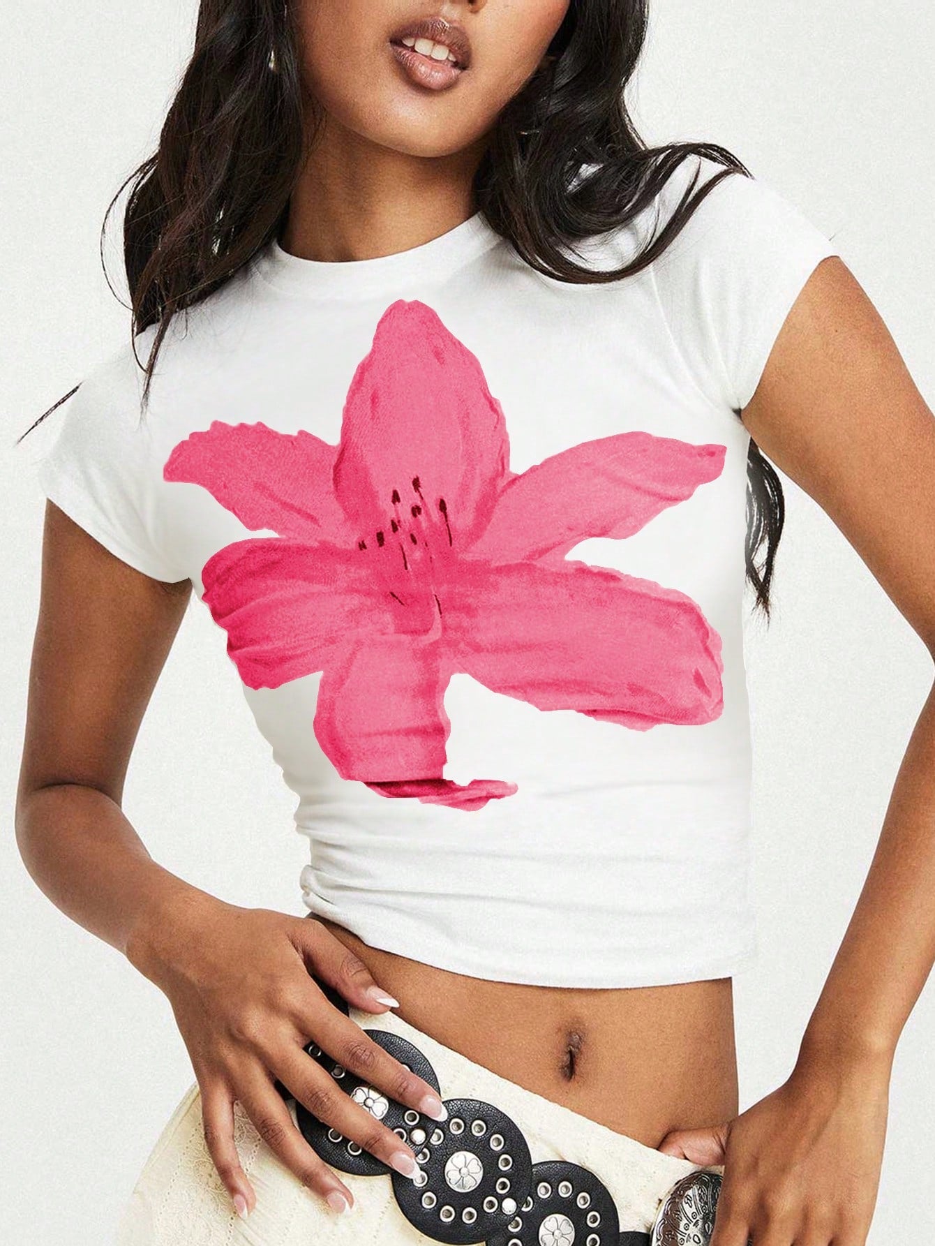 Women Summer Flower Print Round Neck Short Sleeve Casual T-Shirt, Graphic Women Tee