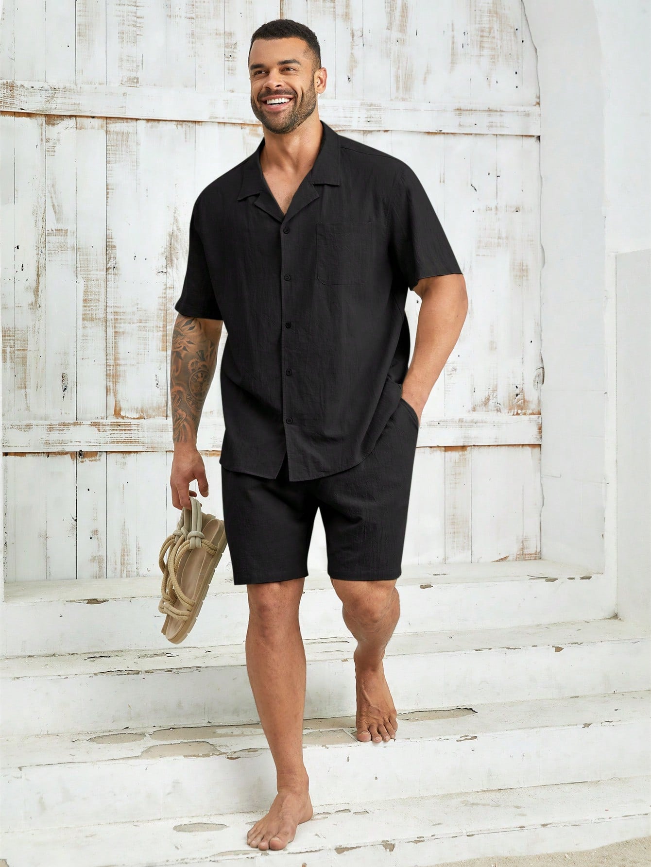 Men's Plus Size Solid Color Square Collar Short Sleeve Shirt And Shorts Casual Woven Outfit, Summer