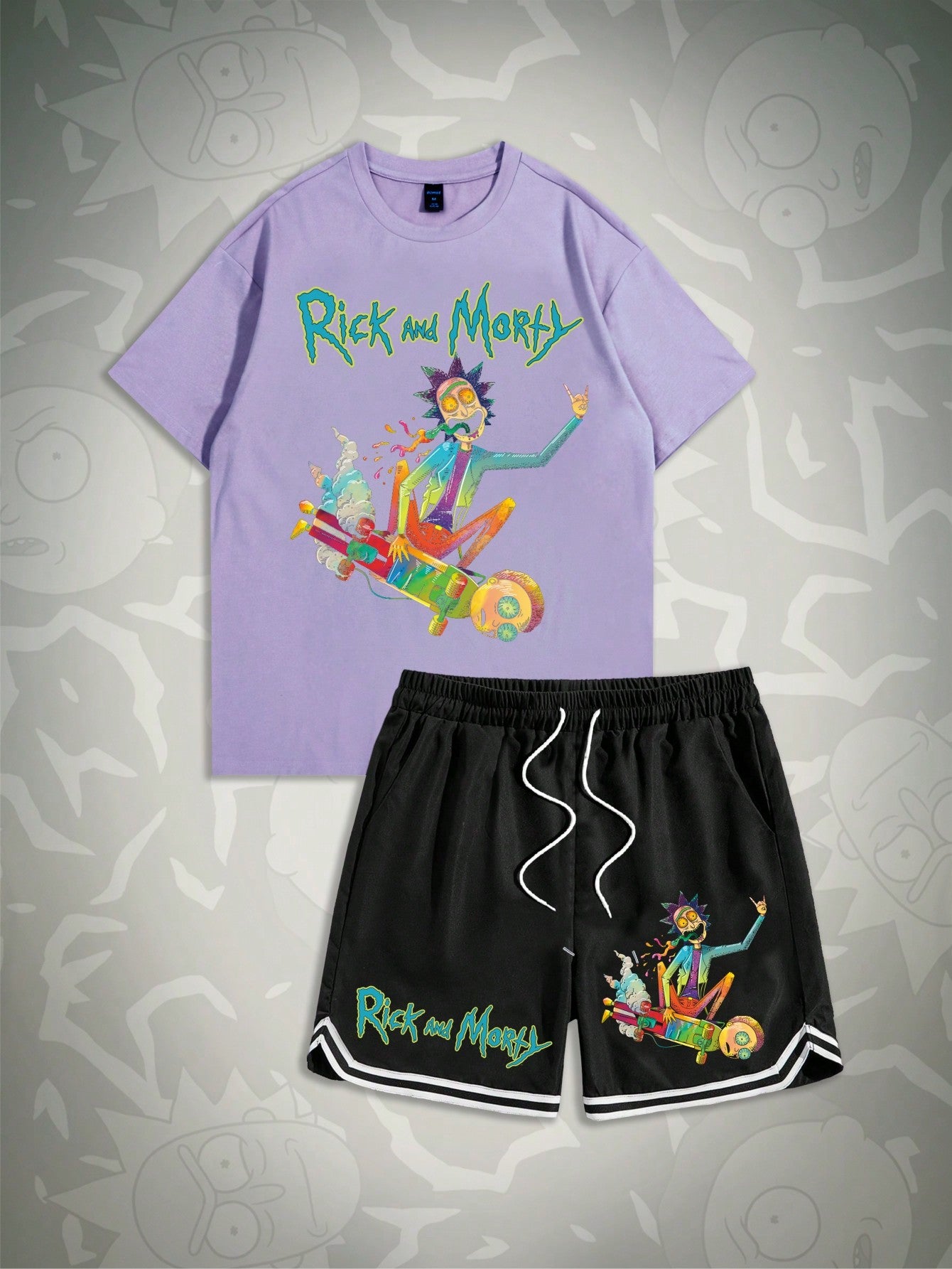 Rick and Morty | Men's Casual Cartoon Character & Letter Print Short Sleeve T-Shirt And Drawstring Waist Shorts Summer Outfits