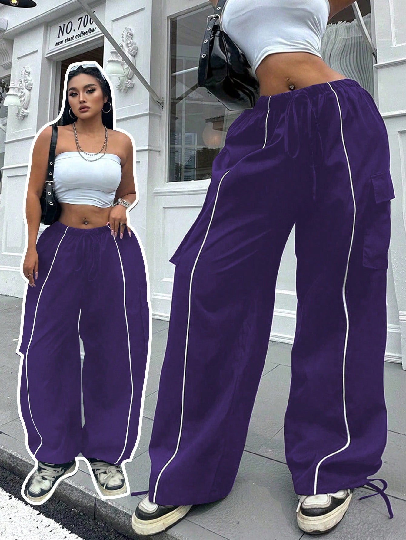 Plus Size Women Elastic Waist Drawstring Cargo Pants With Hem Embellishment