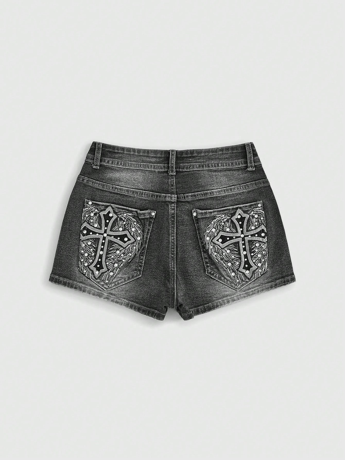 Punk Women's Casual Denim Shorts With Cross Patterned Patch Pockets