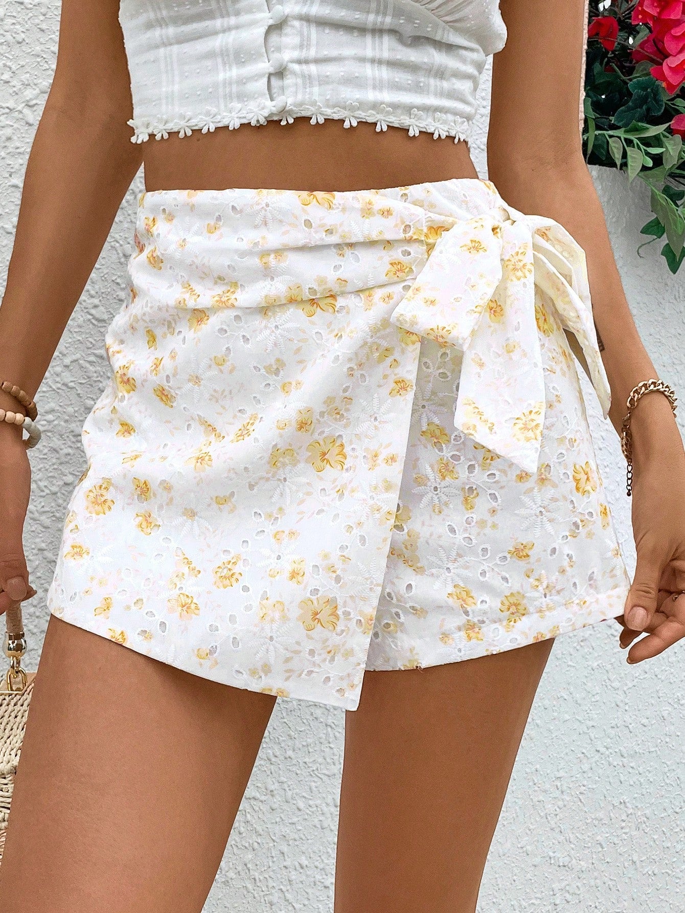 Summer Eyelet Embroidery Knot Detail Wrapped Skirt Shorts