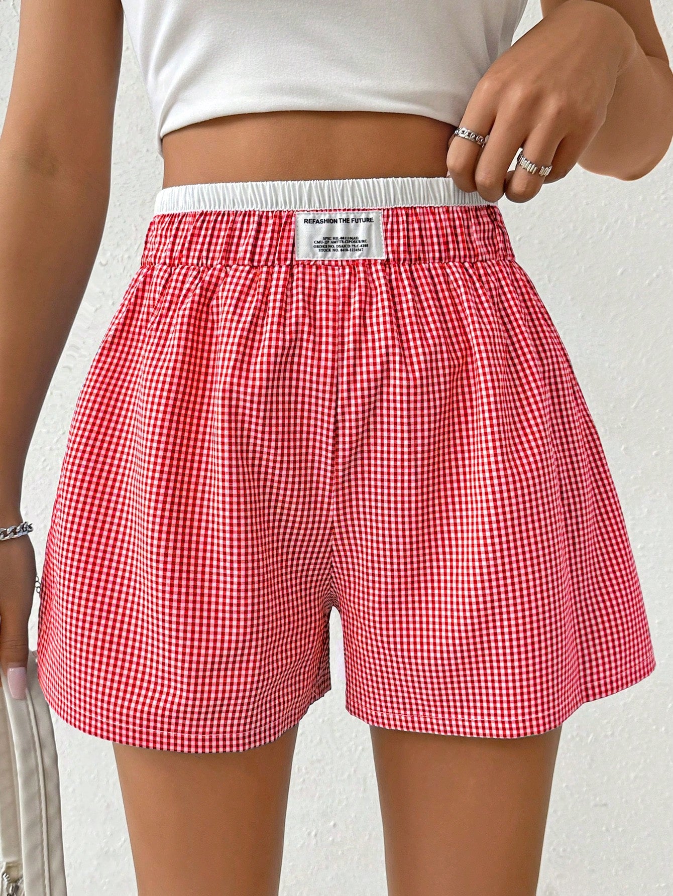 Women's Loose Fit Patch Checkered Letter Printed Casual Shorts