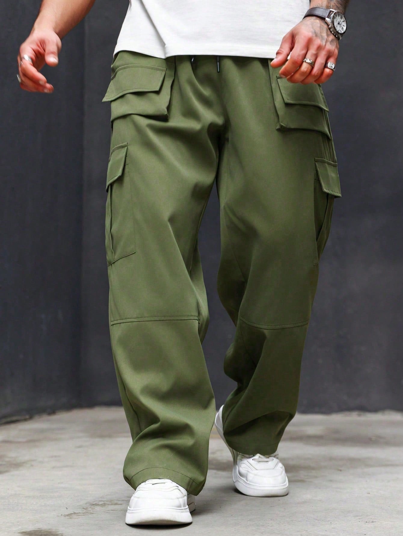 Men's Plus Size Streetwear Loose Fit Cargo Pants With Drawstring Waistband Baggy Long Olive Green Going Out