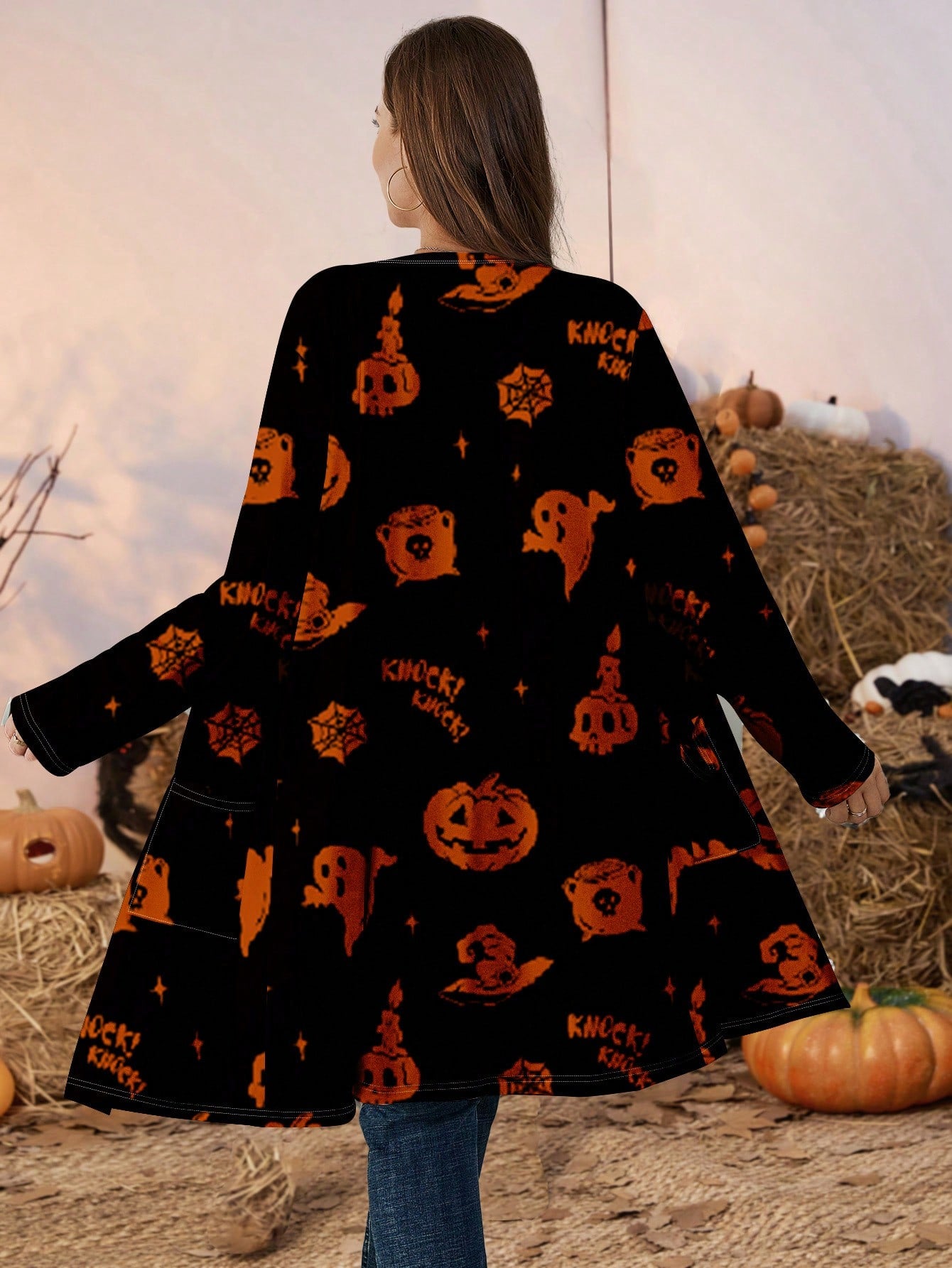 Plus Size Women's Fall Winter Casual Pumpkin Pattern Loose Thin Long Sleeve Cardigan Jacket