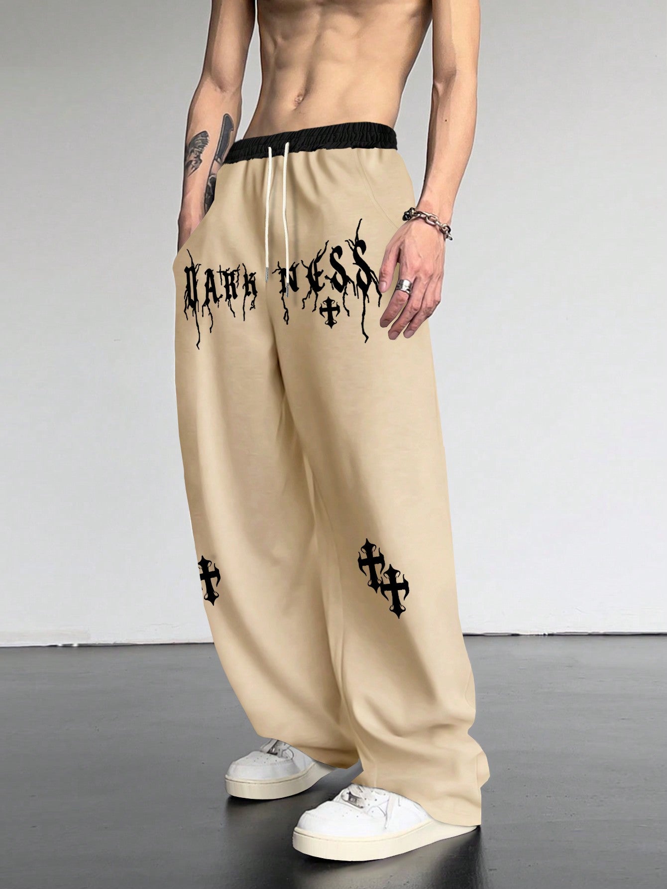 Men Cross Letter Graphic Drawstring Waist Oversize Sweatpants Wide Leg Long Sweat Pant Going Out Goth Boyfriend Gift