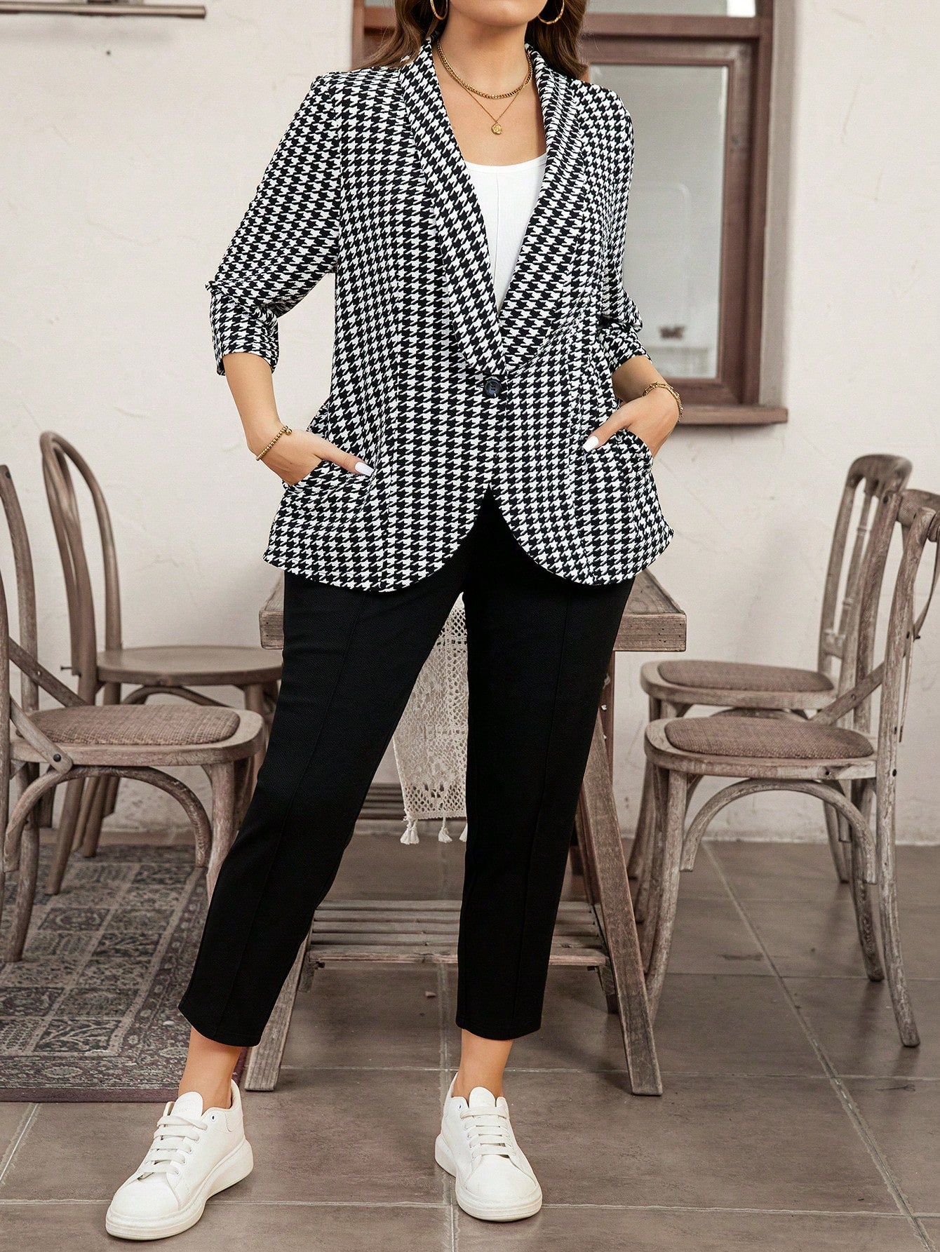 Plus Shawl Collar Open Front Blazer & Pants