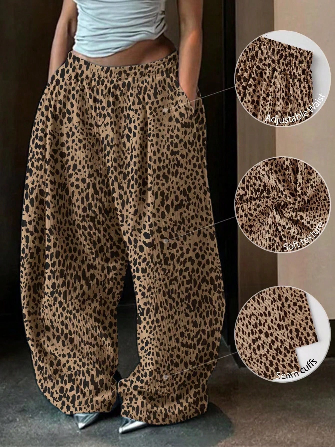 Women's Casual Solid Color Wide Leg Baggy Pants, Loose Pants