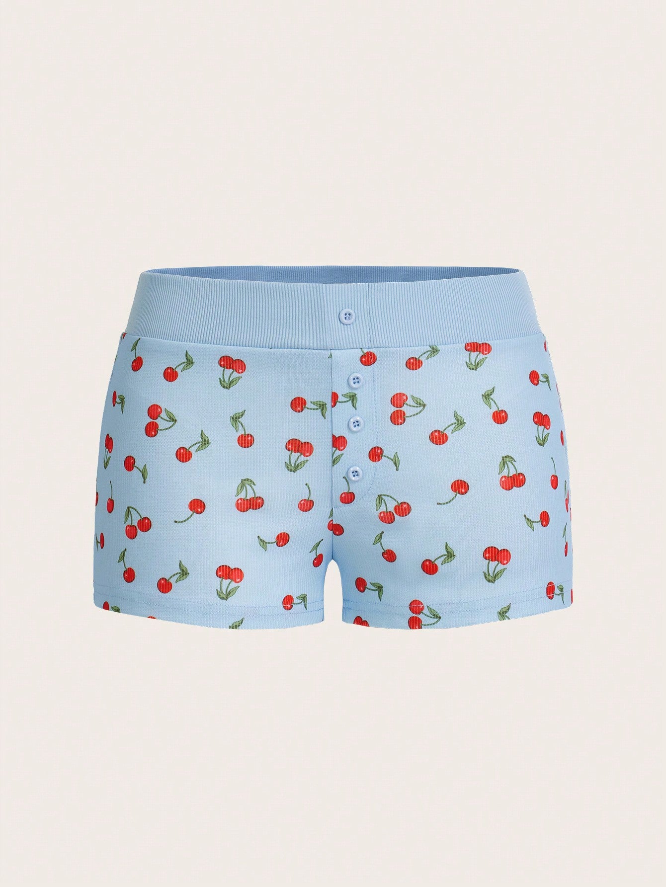 Sweetina Cherry Printed Faux Button Decorated Shorts