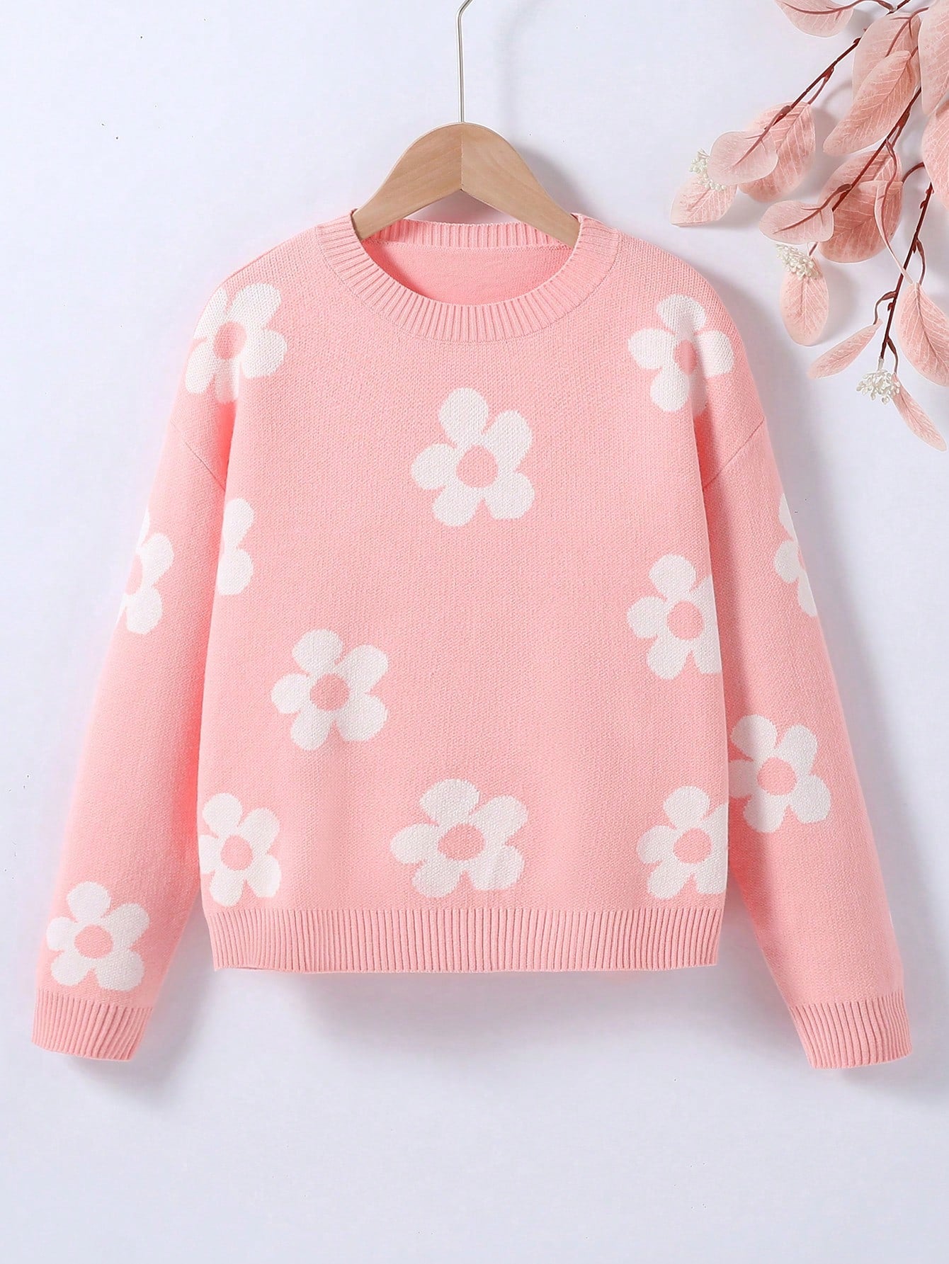 Tween Girl Floral Pattern Round Neck Drop Shoulder Long Sleeve Casual Sweater, Autumn/Winter