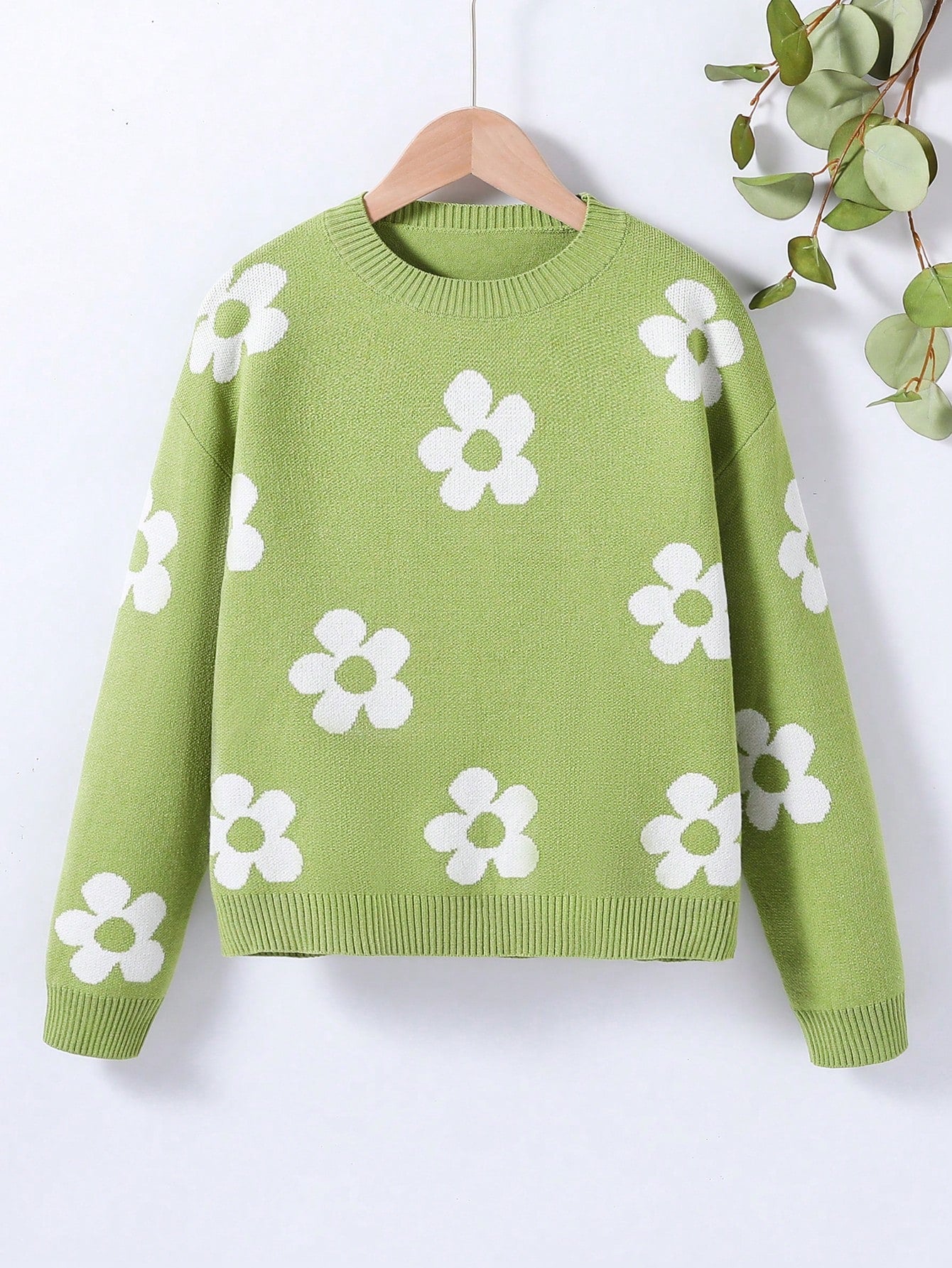 Tween Girl Floral Pattern Drop Shoulder Sweater