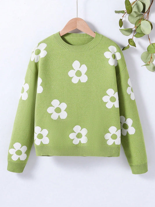 Tween Girl Floral Pattern Round Neck Drop Shoulder Long Sleeve Casual Sweater, Autumn/Winter