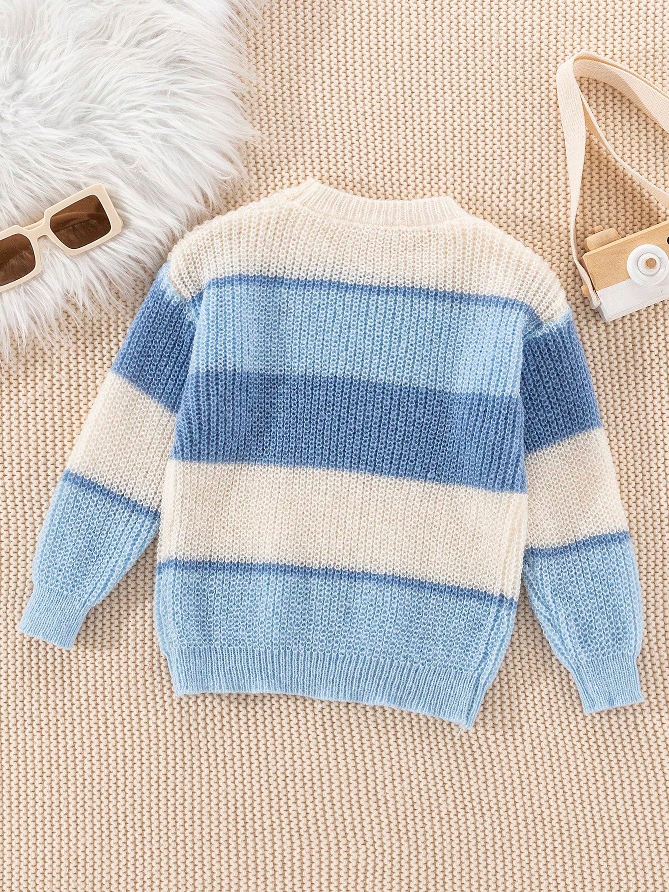 Girls (Small) Round Neck Long Sleeve Striped Minimalist Sweater, Casual Everyday Wear