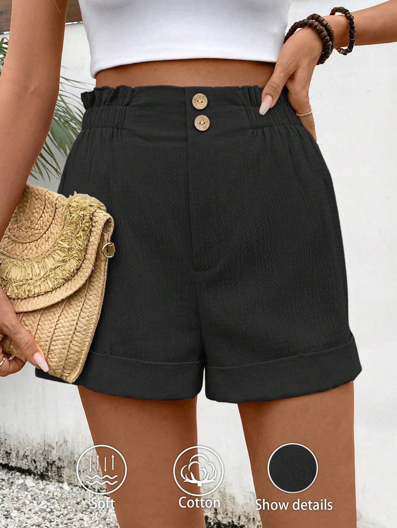 Solid Color Paper Bag Waist Rolled Hem Casual Shorts, Summer