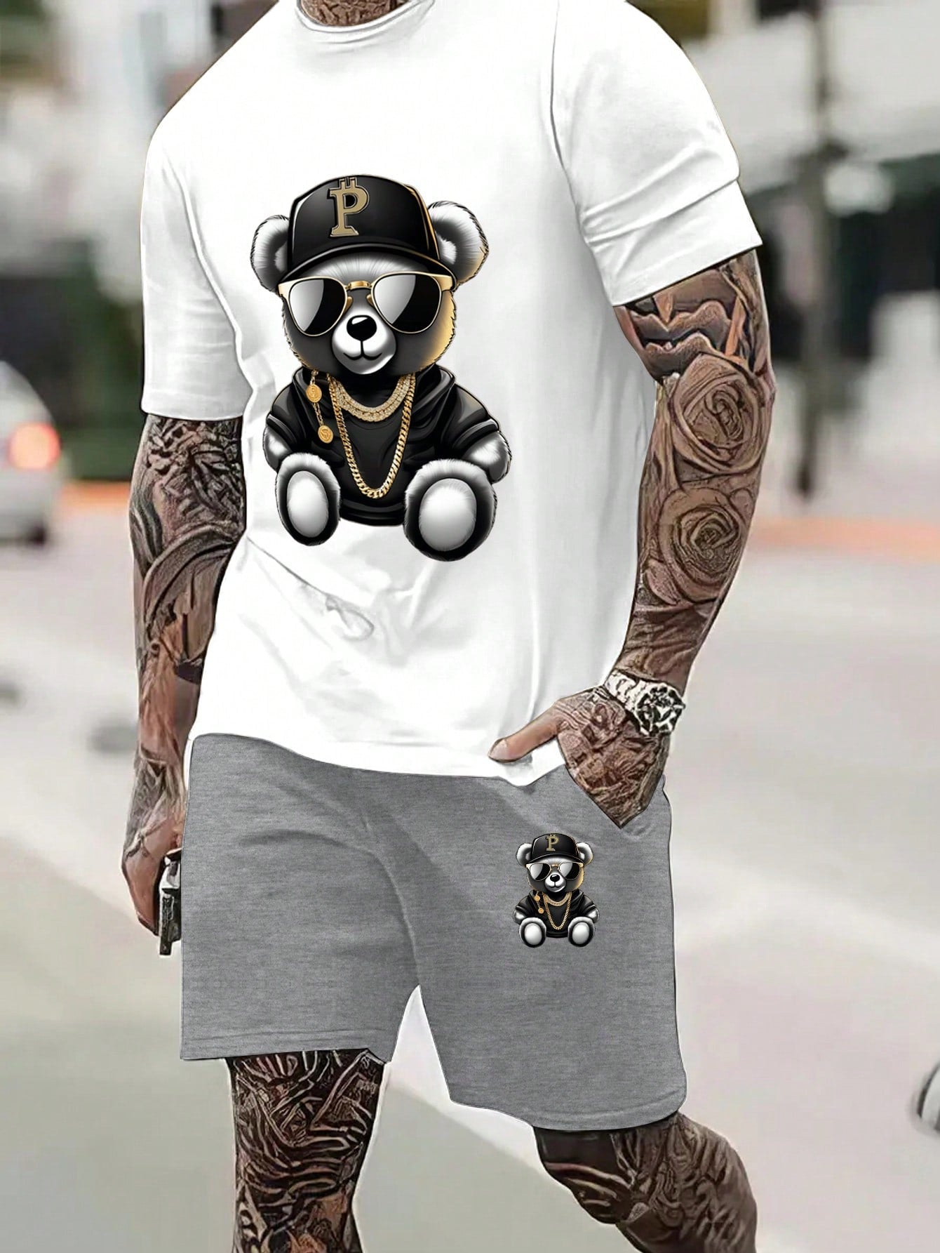 Men Casual Daily Wear Spring/Summer Short Sleeve T-Shirt And Shorts Set With Bear Print